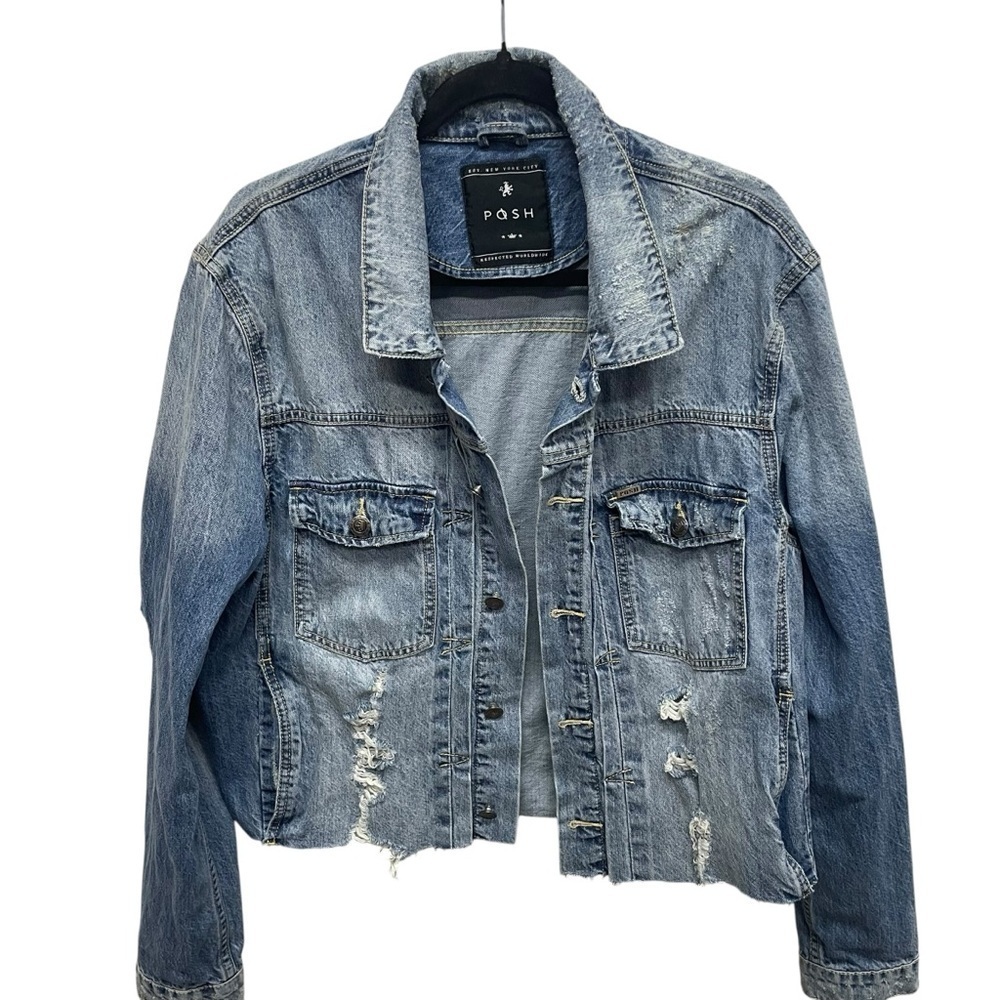 Posh New York men’s distressed grunge cropped jean jacket punk size large